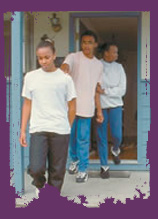 Family exiting house